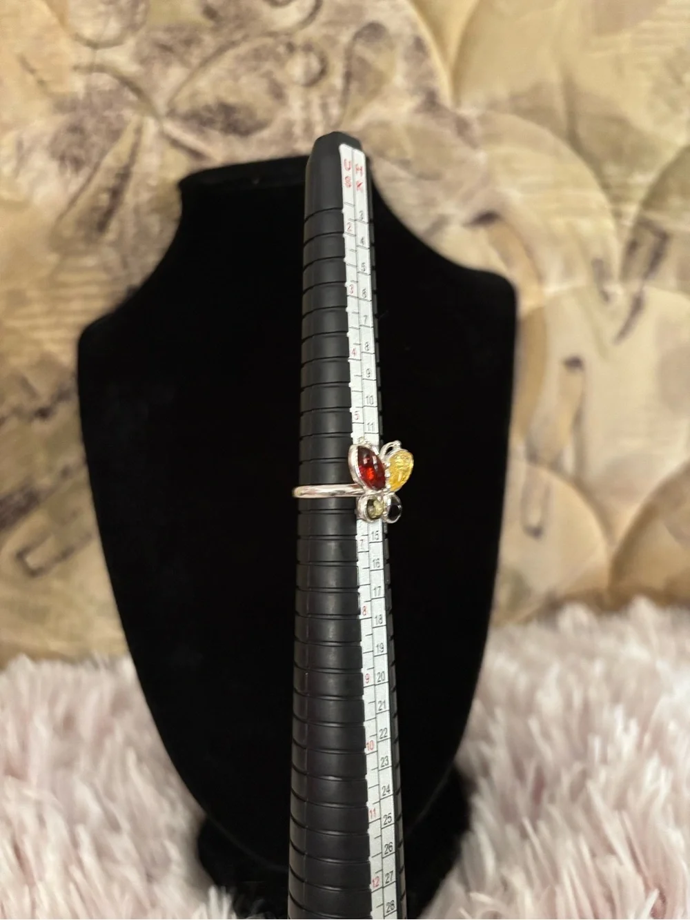 925 Sterling Silver Vintage Multi-Amber Butterfly Ring - Size 6